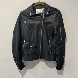 Doma Lambskin Leather Moto Jacket Women’s Large Black Nylon Bomber Zippers Biker